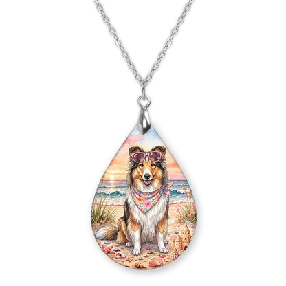 Collie beach teardrop pendant necklace on a silver-tone chain