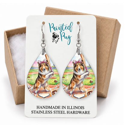Collie baseball teardrop earrings on a Painted Pug earring card with a kraft gift box