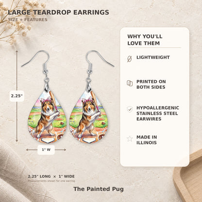 Size and features guide for the collie baseball teardrop earrings, 2.25 inches long by 1 inch wide