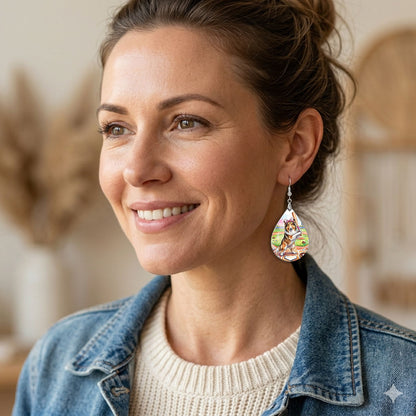 Woman wearing collie baseball teardrop earrings with silver-tone hooks