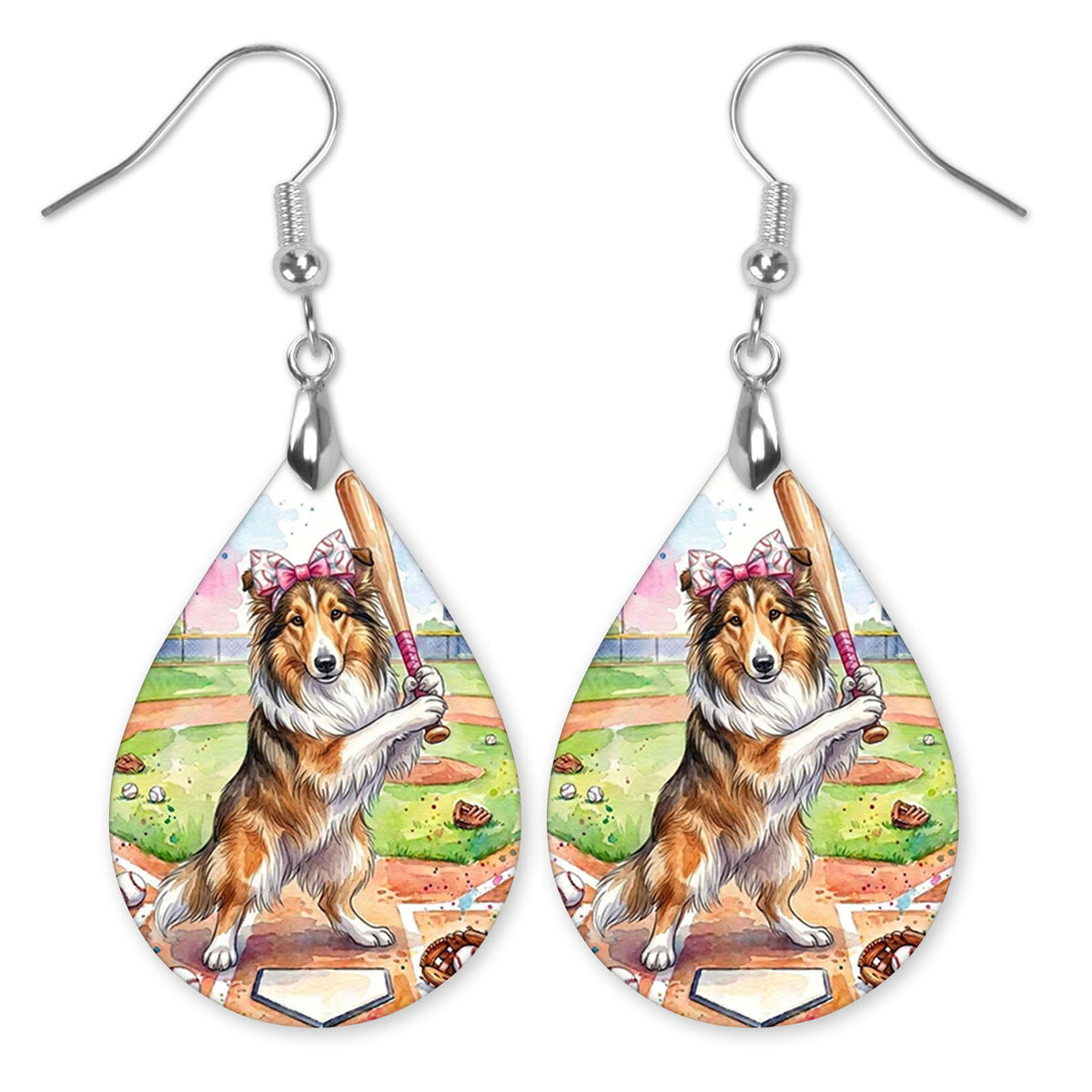 Collie swinging a bat at home plate teardrop earrings with silver-tone hooks