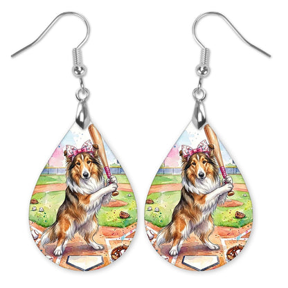 Collie swinging a bat at home plate teardrop earrings with silver-tone hooks