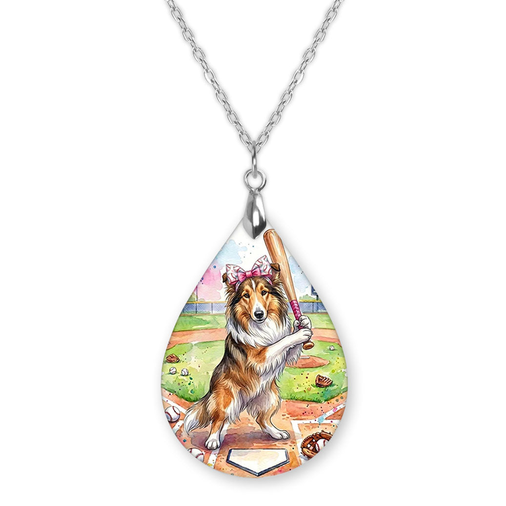 Collie baseball teardrop pendant necklace on a silver-tone chain