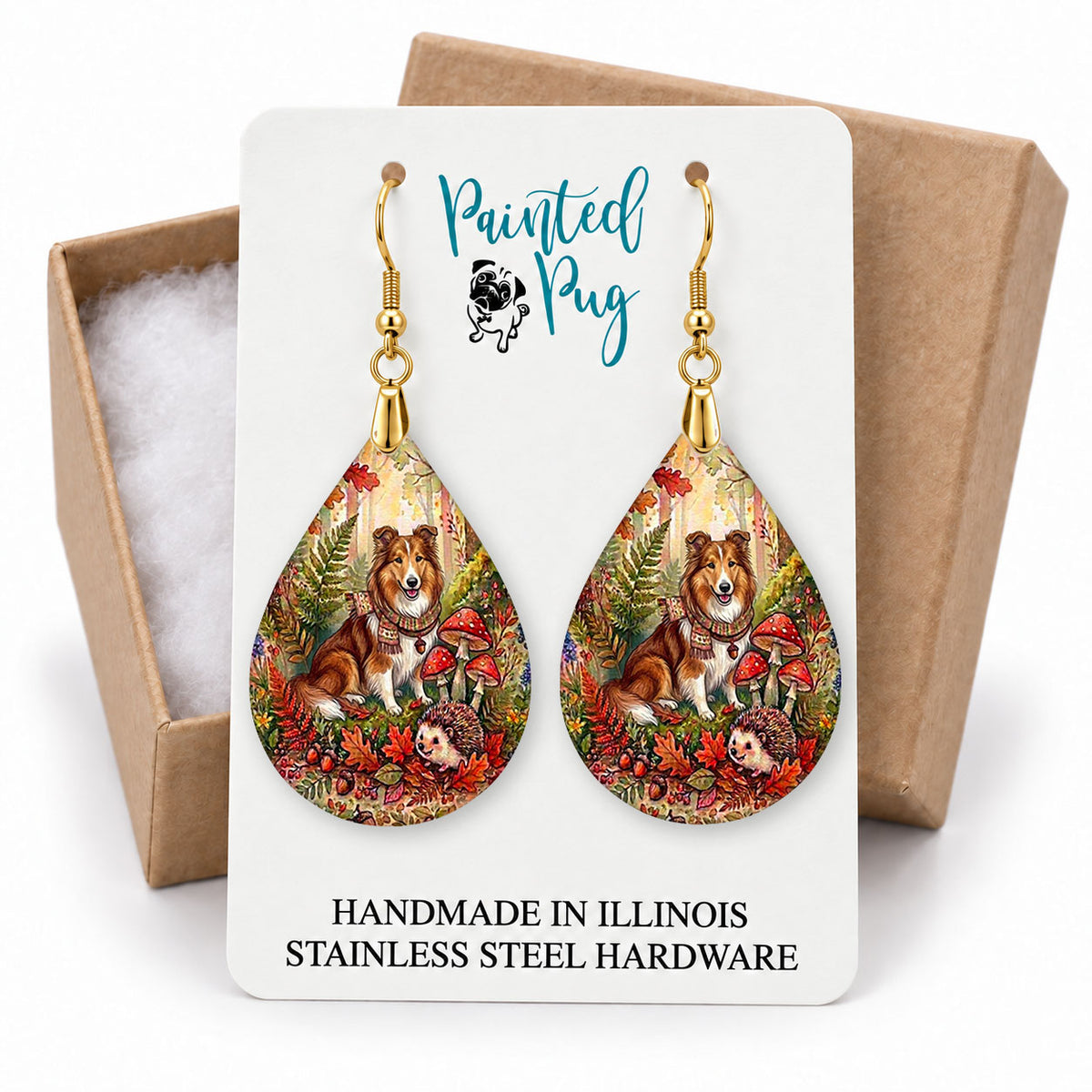 Collie woodland teardrop earrings on a Painted Pug earring card with a kraft gift box