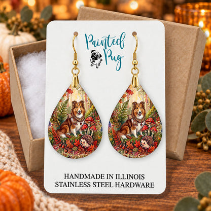 Collie woodland teardrop earrings gift boxed on a cozy fall background