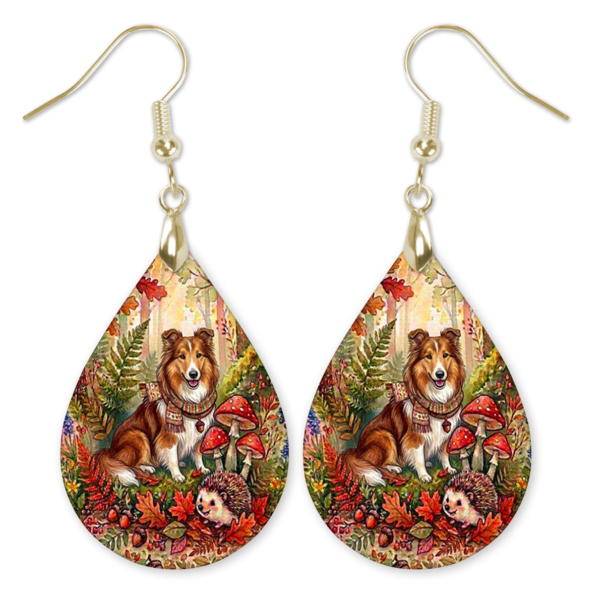 Collie in an autumn woodland teardrop earrings with gold-tone hooks