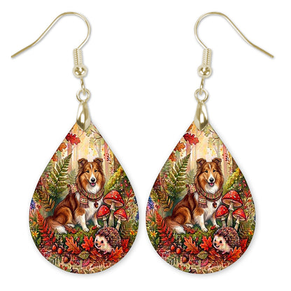 Collie in an autumn woodland teardrop earrings with gold-tone hooks