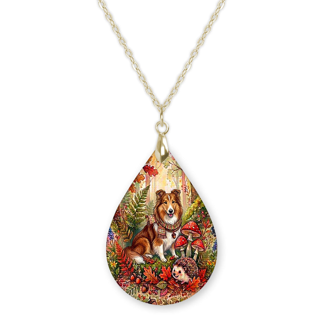 Collie woodland teardrop pendant necklace on a gold-tone chain