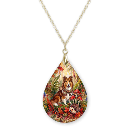 Collie woodland teardrop pendant necklace on a gold-tone chain