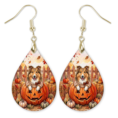 Collie in a jack-o'-lantern teardrop earrings with gold-tone hooks