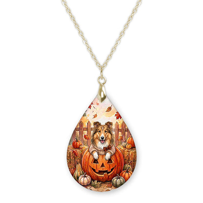 Collie pumpkin teardrop pendant necklace on a gold-tone chain