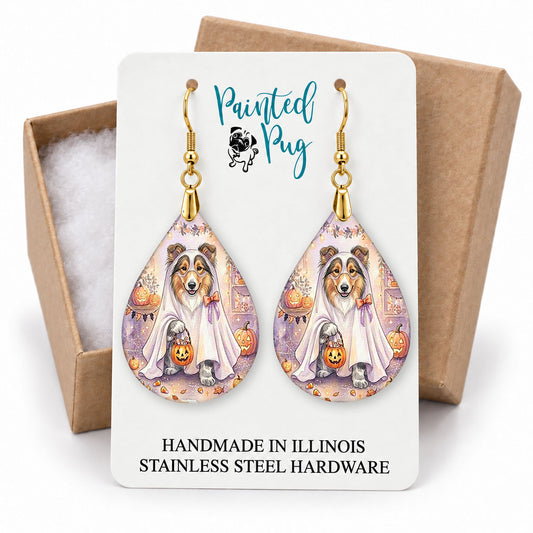 Collie ghost teardrop earrings on a Painted Pug earring card with a kraft gift box