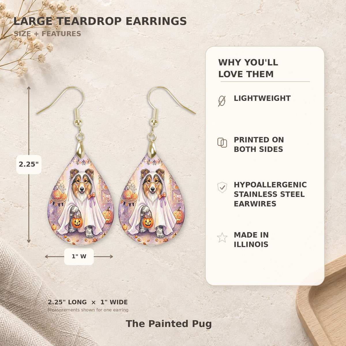 Size and features guide for the collie ghost teardrop earrings, 2.25 inches long by 1 inch wide