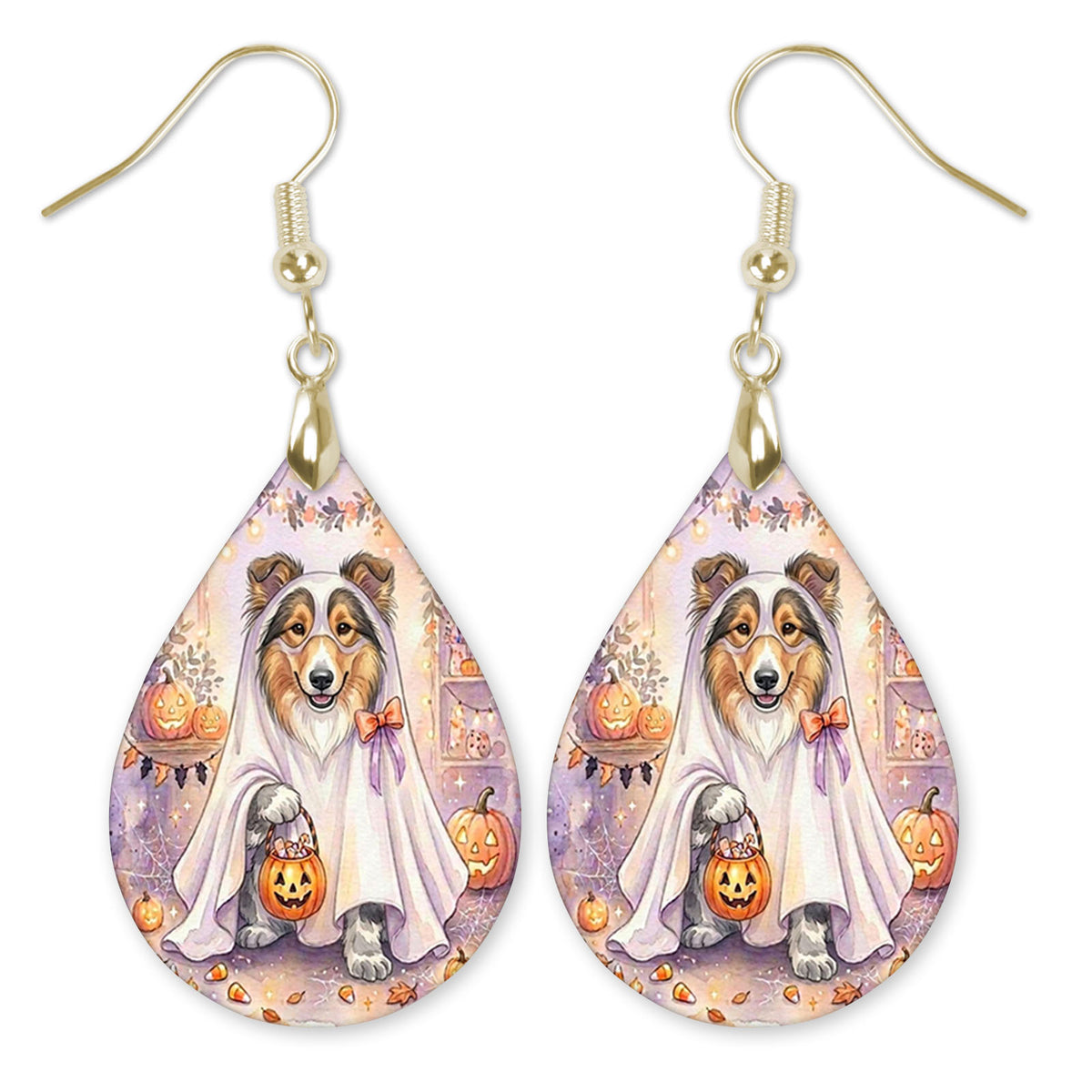 Collie in a ghost costume with a candy bucket teardrop earrings with gold-tone hooks