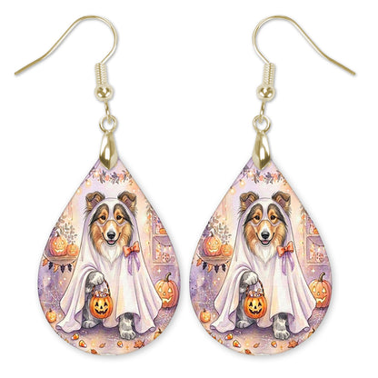 Collie in a ghost costume with a candy bucket teardrop earrings with gold-tone hooks