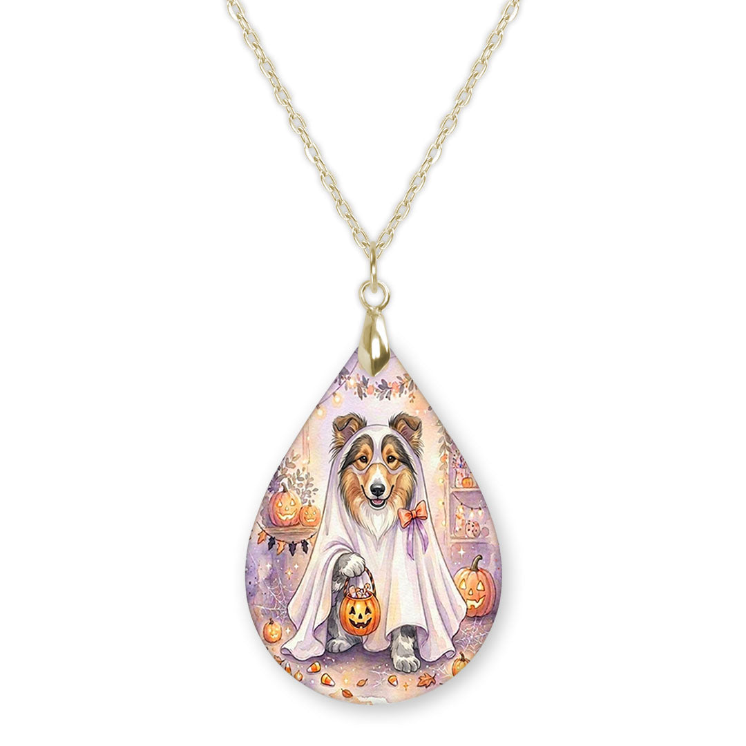 Collie ghost teardrop pendant necklace on a gold-tone chain