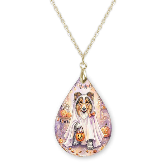 Collie ghost teardrop pendant necklace on a gold-tone chain