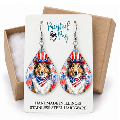 Collie patriotic teardrop earrings on a Painted Pug earring card with a kraft gift box