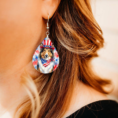 Model wearing collie patriotic teardrop earrings