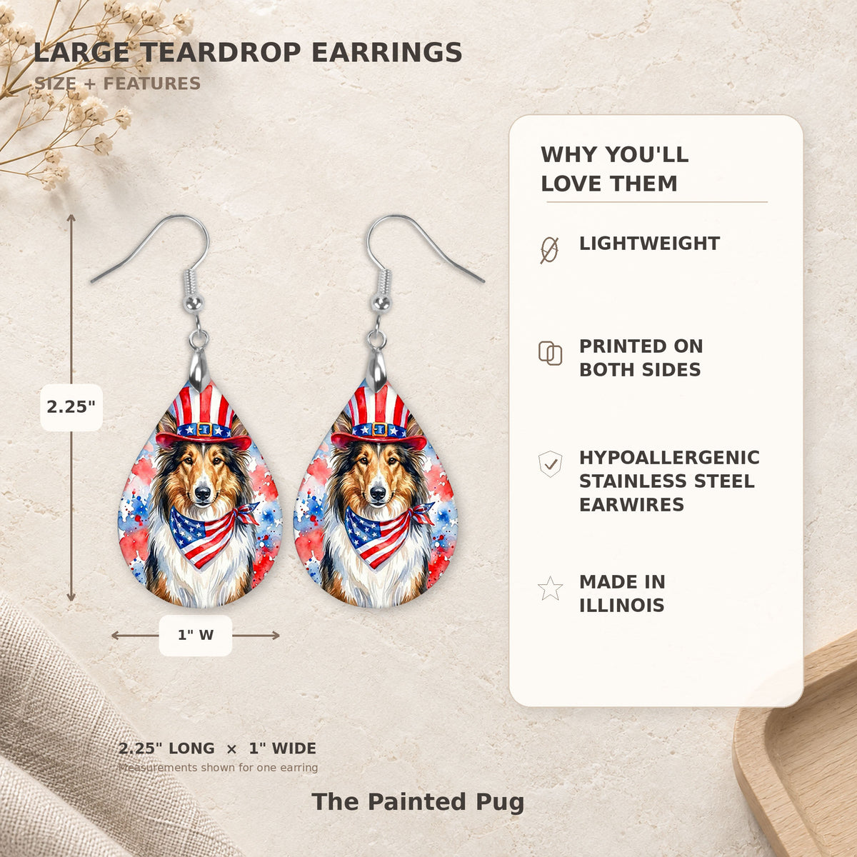 Size and features guide for the collie patriotic teardrop earrings, 2.25 inches long by 1 inch wide