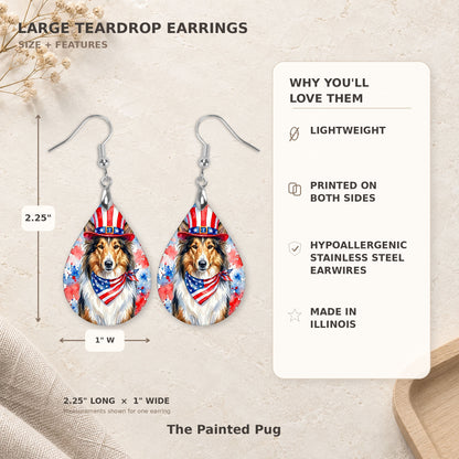Size and features guide for the collie patriotic teardrop earrings, 2.25 inches long by 1 inch wide