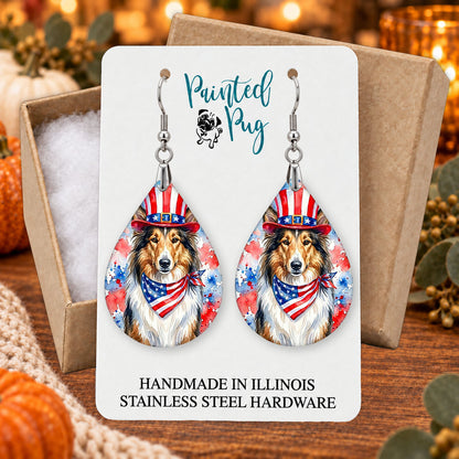 Collie patriotic teardrop earrings gift boxed on a seasonal background