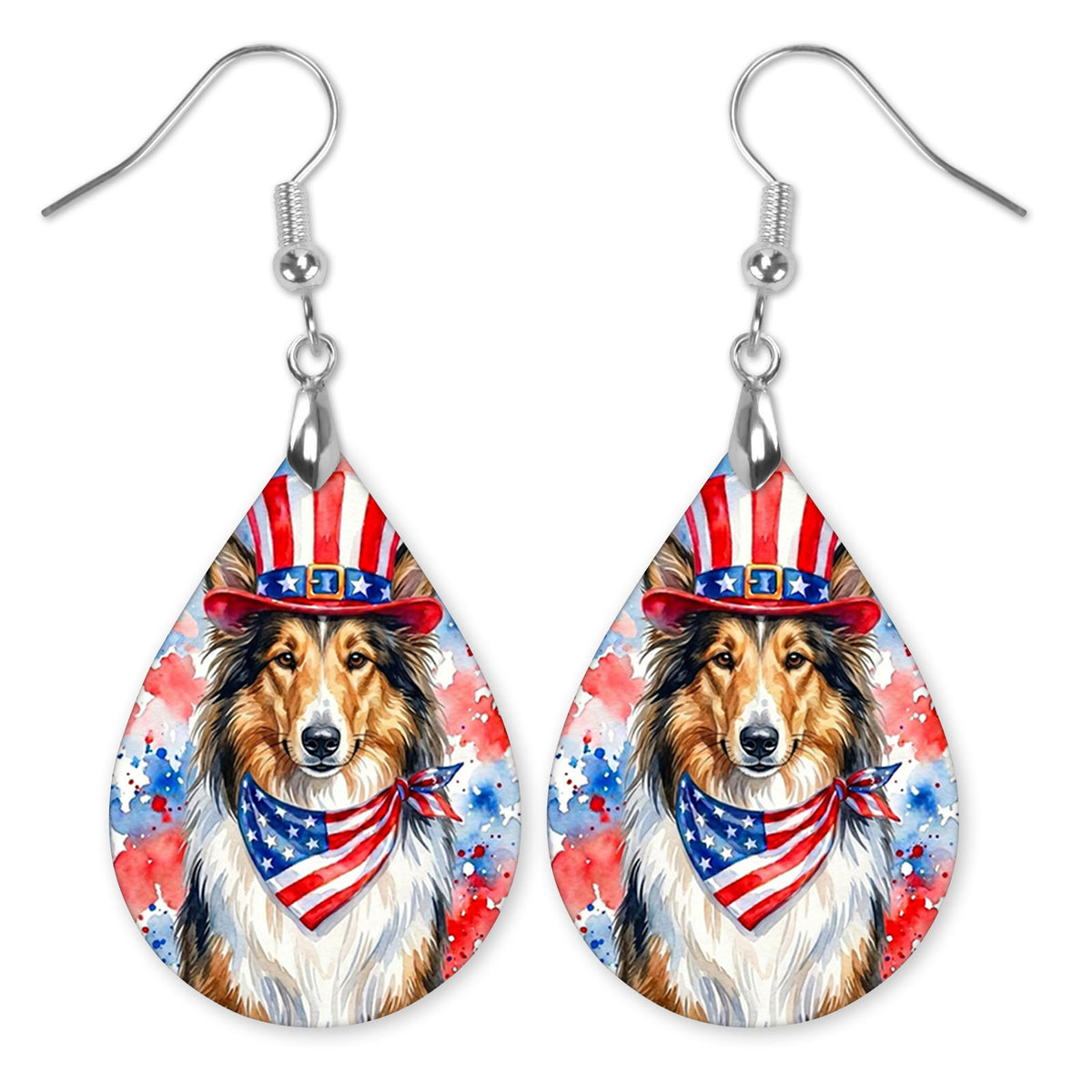 Collie in an Uncle Sam hat and flag bandana teardrop earrings with silver-tone hooks