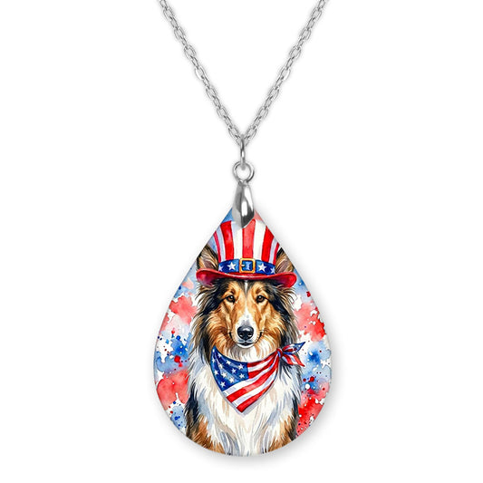 Collie patriotic teardrop pendant necklace on a silver-tone chain