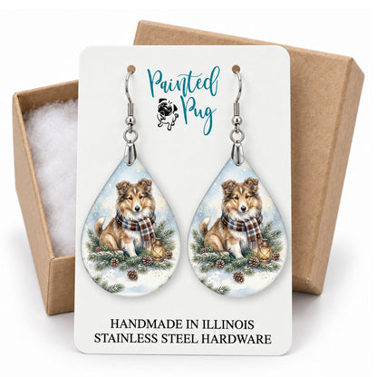 Collie Winter Woodland teardrop earrings on a gift box card