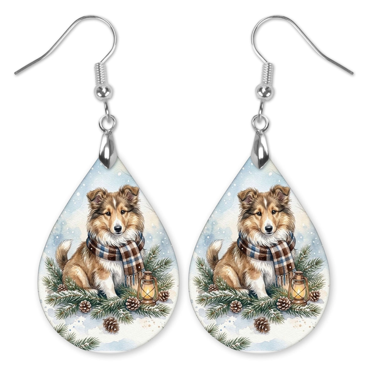 Collie Winter Woodland teardrop earrings with silver-tone hooks