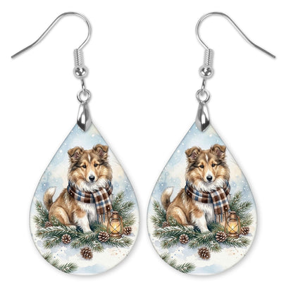 Collie Winter Woodland teardrop earrings with silver-tone hooks