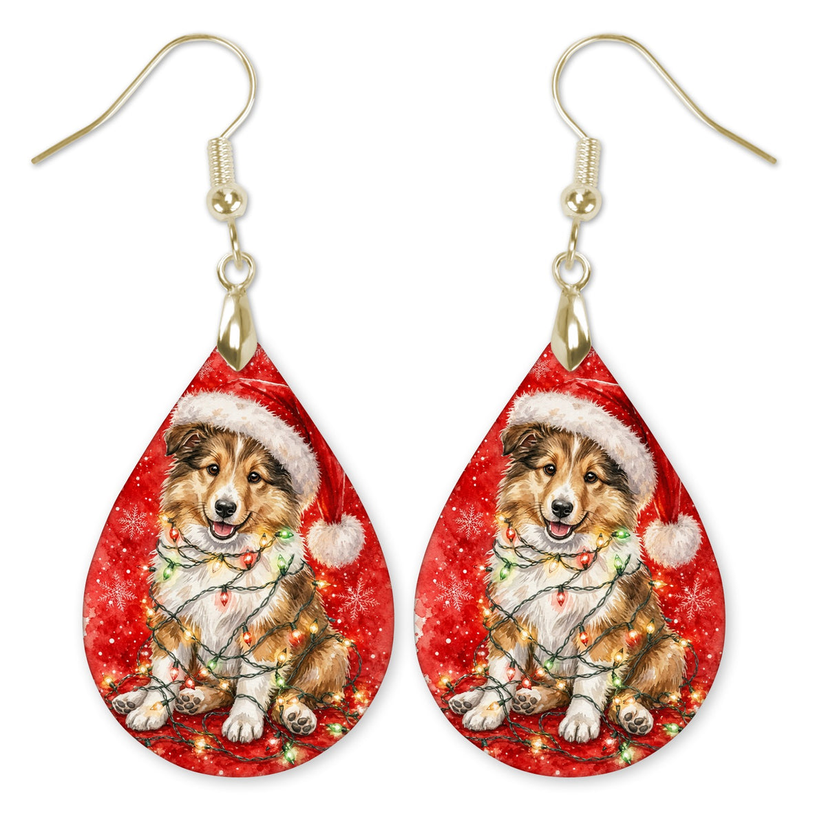 Collie Christmas Lights teardrop earrings with gold-tone hooks