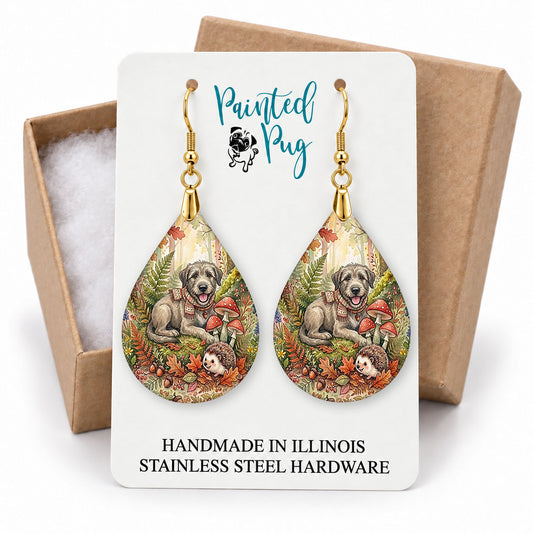 Irish Wolfhound woodland teardrop earrings on a Painted Pug earring card with a kraft gift box