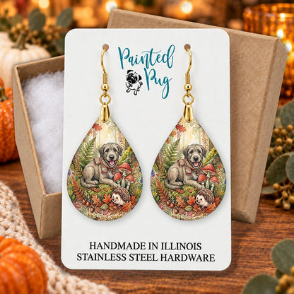 Irish Wolfhound woodland teardrop earrings gift boxed on a cozy fall background