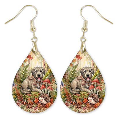 Irish Wolfhound in an autumn woodland teardrop earrings with gold-tone hooks