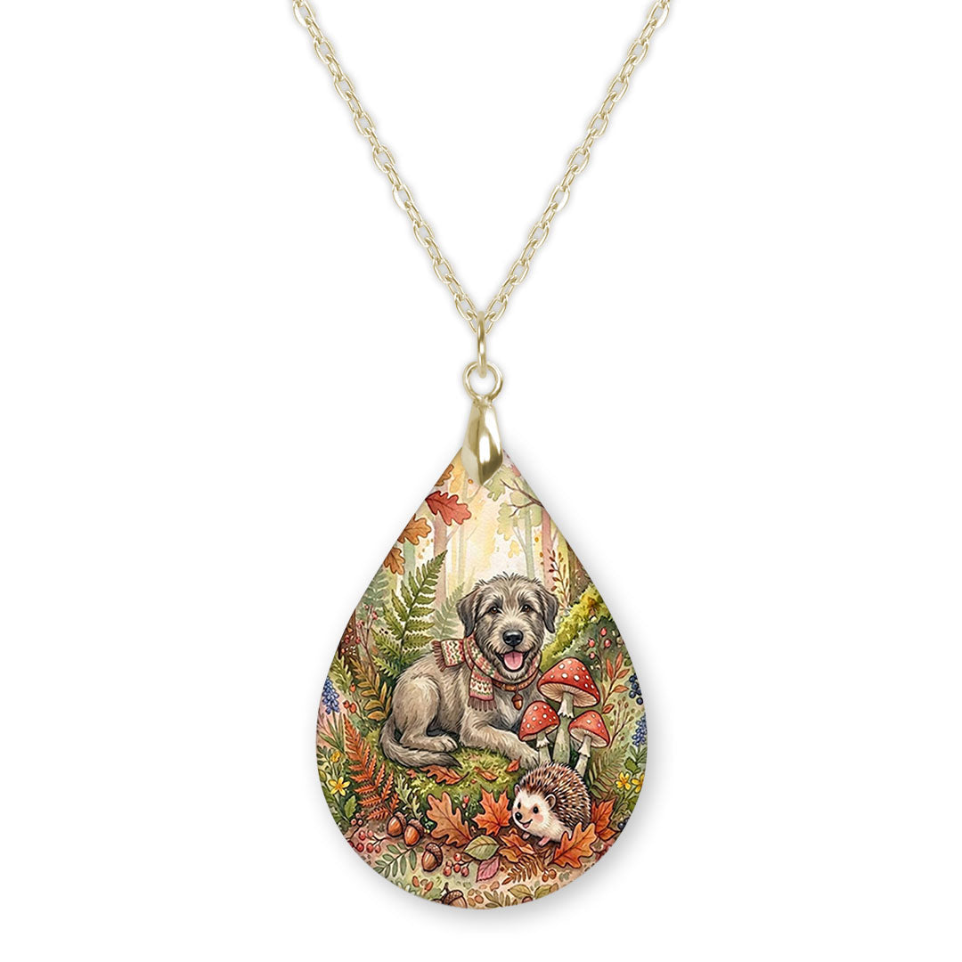 Irish Wolfhound woodland teardrop pendant necklace on a gold-tone chain