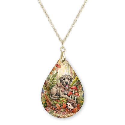 Irish Wolfhound woodland teardrop pendant necklace on a gold-tone chain