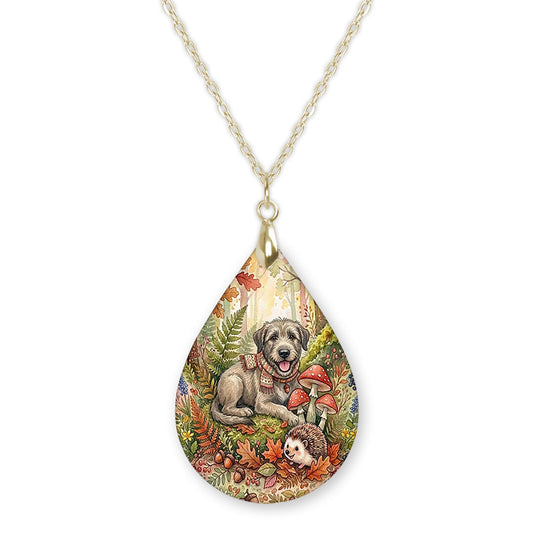 Irish Wolfhound woodland teardrop pendant necklace on a gold-tone chain