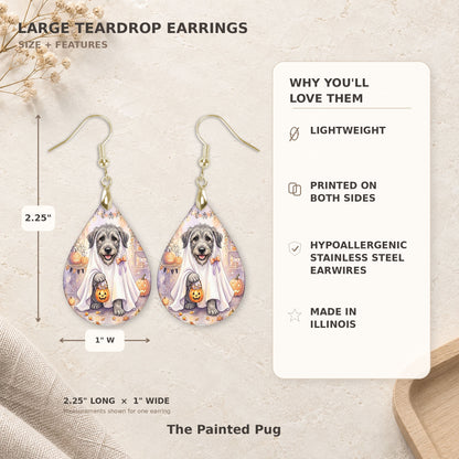 Size and features guide for the Irish Wolfhound ghost teardrop earrings, 2.25 inches long by 1 inch wide