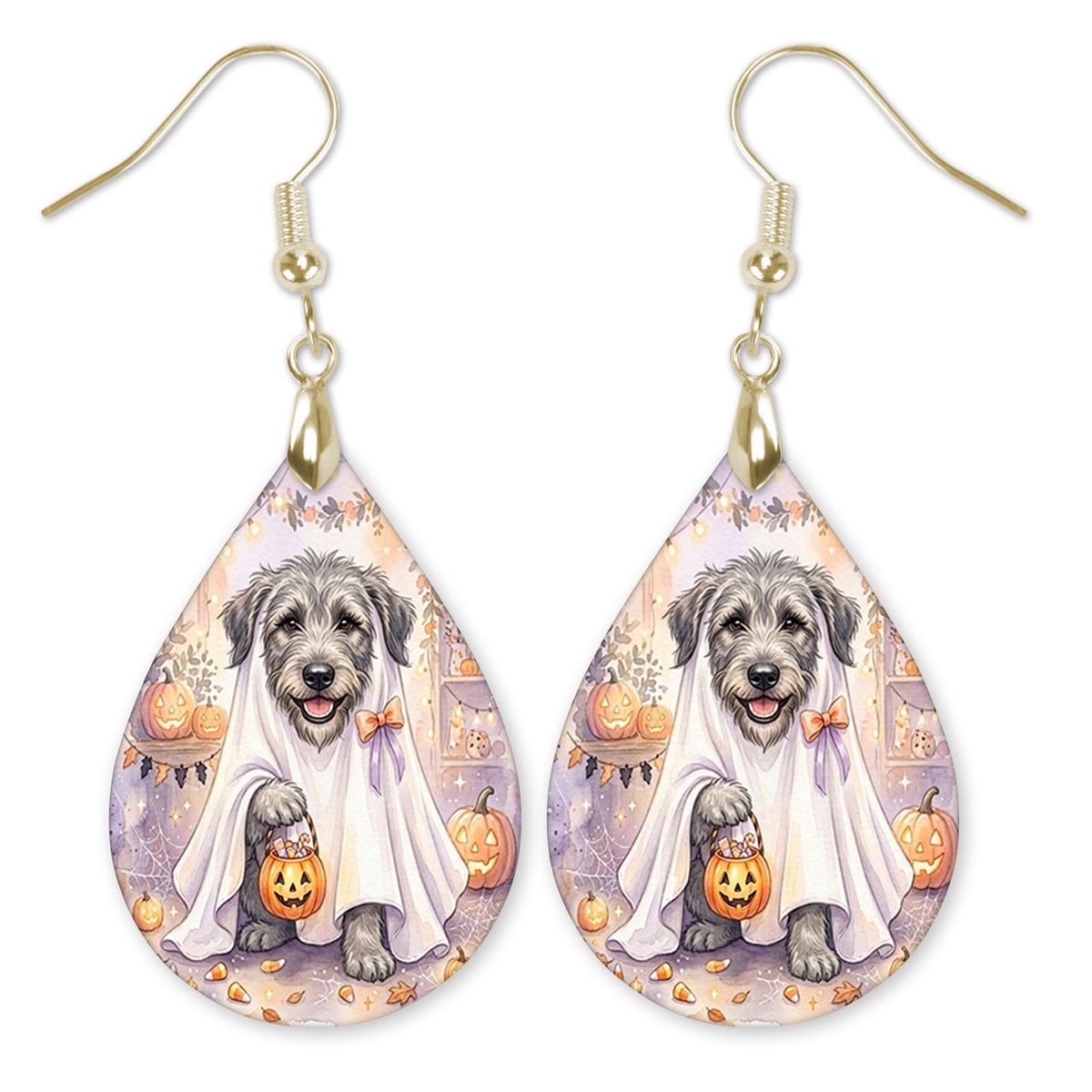 Irish Wolfhound in a ghost costume with a candy bucket teardrop earrings with gold-tone hooks