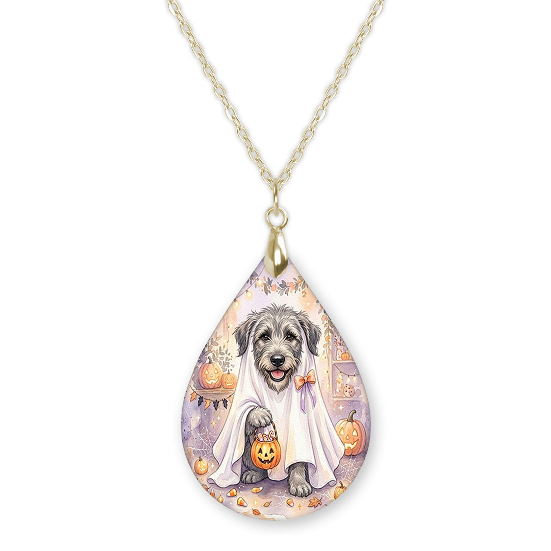 Irish Wolfhound ghost teardrop pendant necklace on a gold-tone chain