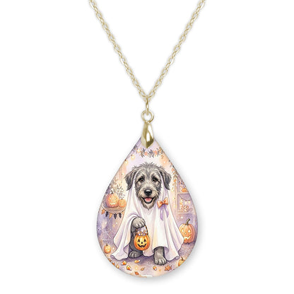 Irish Wolfhound ghost teardrop pendant necklace on a gold-tone chain