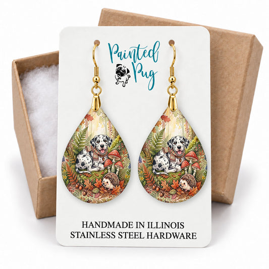 Harlequin Great Dane woodland teardrop earrings on a Painted Pug earring card with a kraft gift box