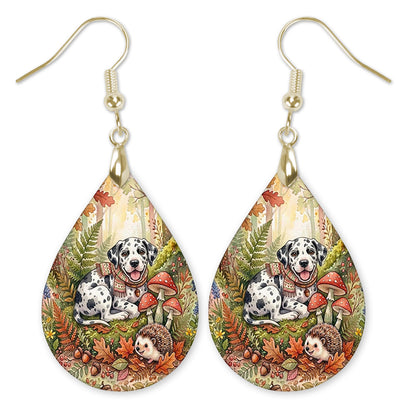 Harlequin Great Dane in an autumn woodland teardrop earrings with gold-tone hooks