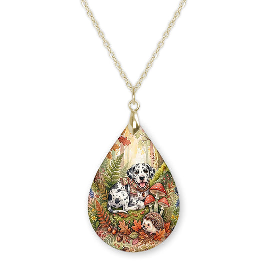 Harlequin Great Dane woodland teardrop pendant necklace on a gold-tone chain