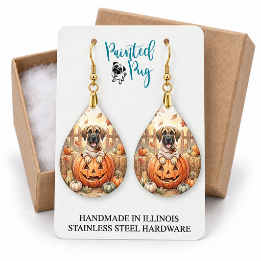 Great Dane pumpkin teardrop earrings on a Painted Pug earring card with a kraft gift box
