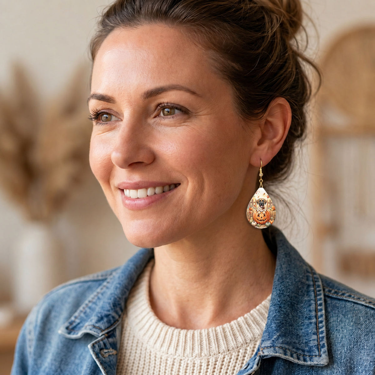 Model wearing Great Dane pumpkin teardrop earrings with gold-tone hooks