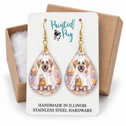 Great Dane ghost teardrop earrings on a Painted Pug earring card with a kraft gift box