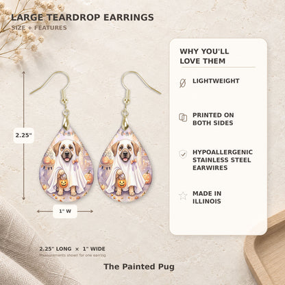 Size and features guide for the Great Dane ghost teardrop earrings, 2.25 inches long by 1 inch wide
