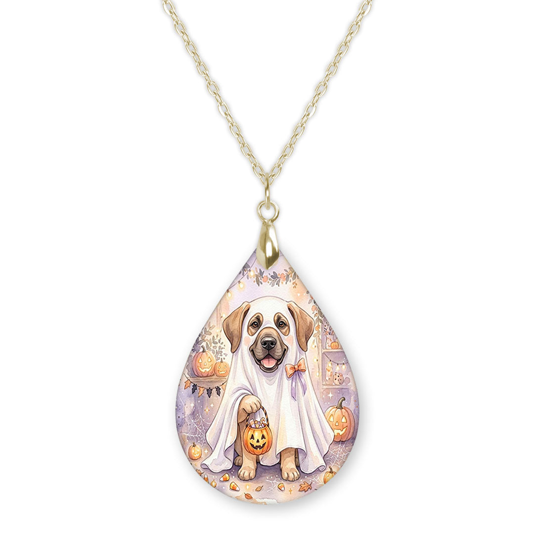 Great Dane ghost teardrop pendant necklace on a gold-tone chain